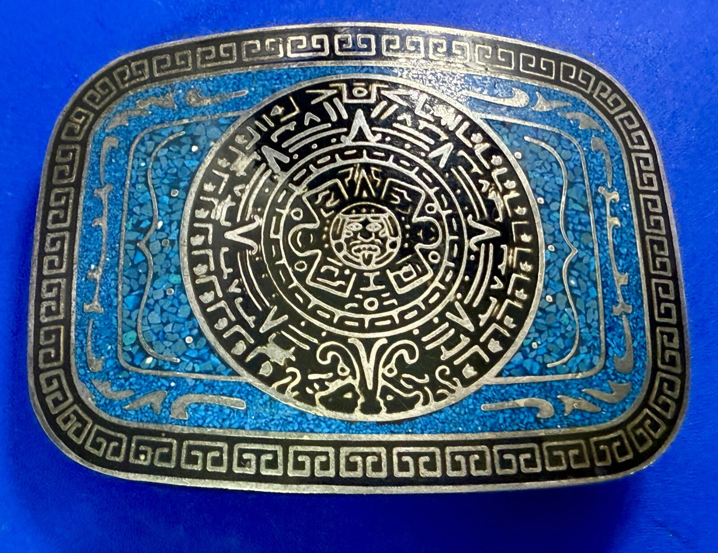 Aztec Mayan Calendar Turquoise Chip Inlay Tribal Art Belt Buckle Mexico Made
