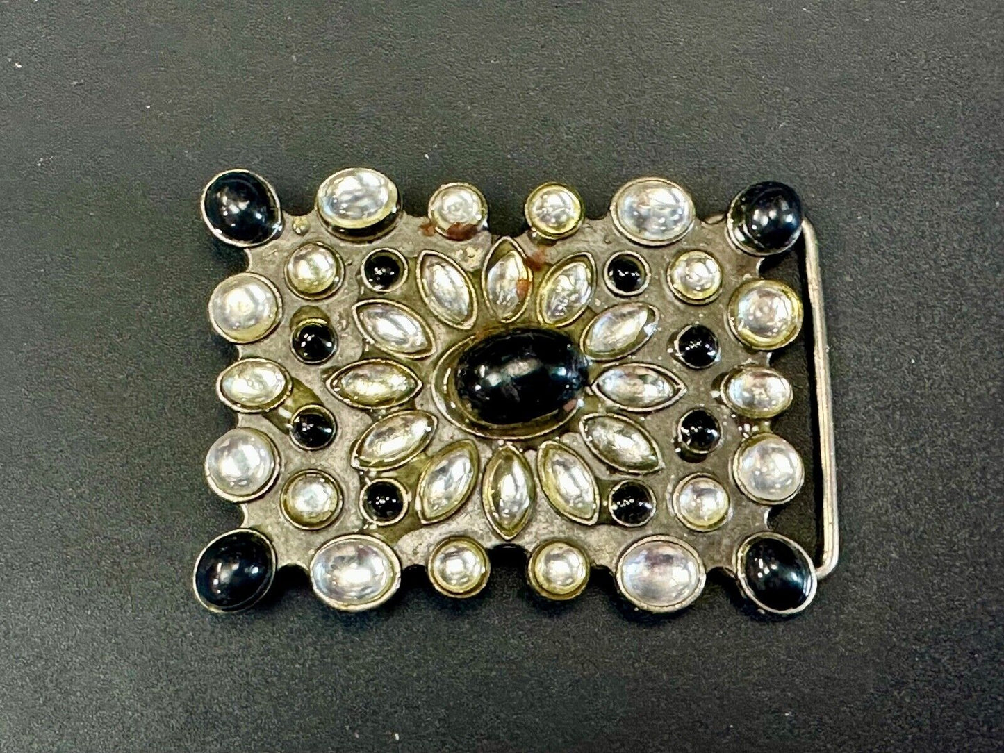 Vintage black and white rhinestone / silver tone belt buckle