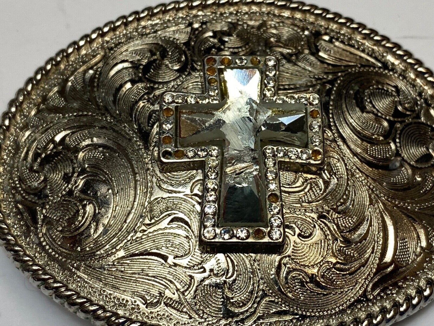 beautiful western cross, engraved flower swirl cowboy cowgirl faith belt buckle