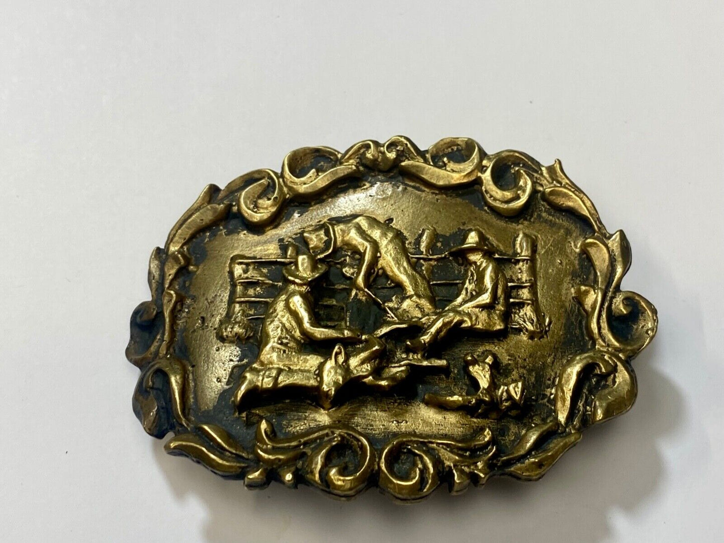 Three Cowboys Roping calf on the farm SOLID BRASS western belt buckle