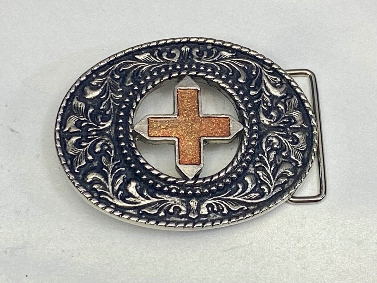 Beautiful See Through Cross Centered In Western Flower Swirl Metal Belt Buckle