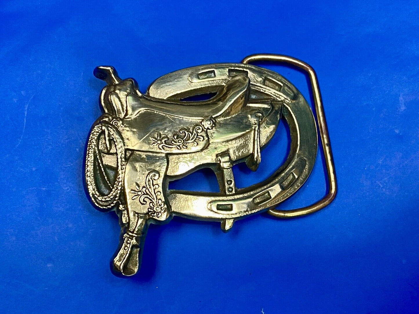 Vintage 1980 Horse Saddle Solid Brass Belt Buckle By Baron Brass Works