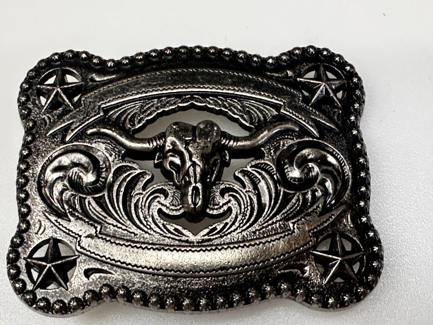 Texas Longhorn Steer / Corner Stars - Engravable Blank Award Scroll Belt Buckle