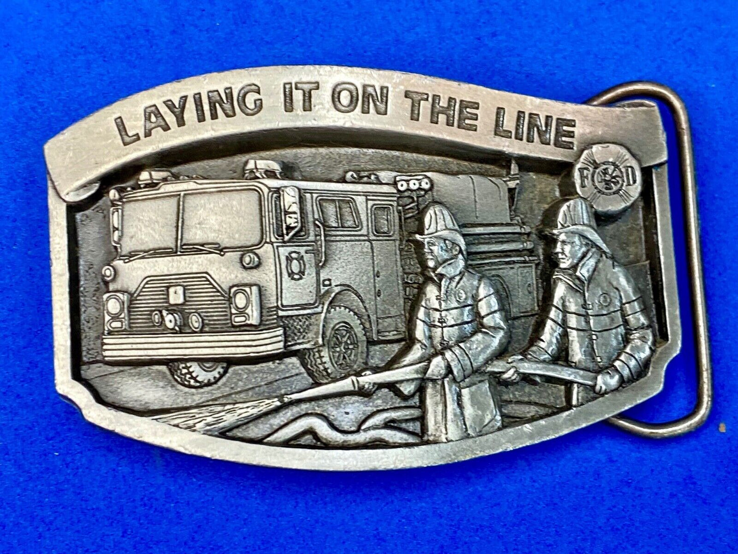 Vintage 1992, Laying it on the line fire department pewter belt buckle