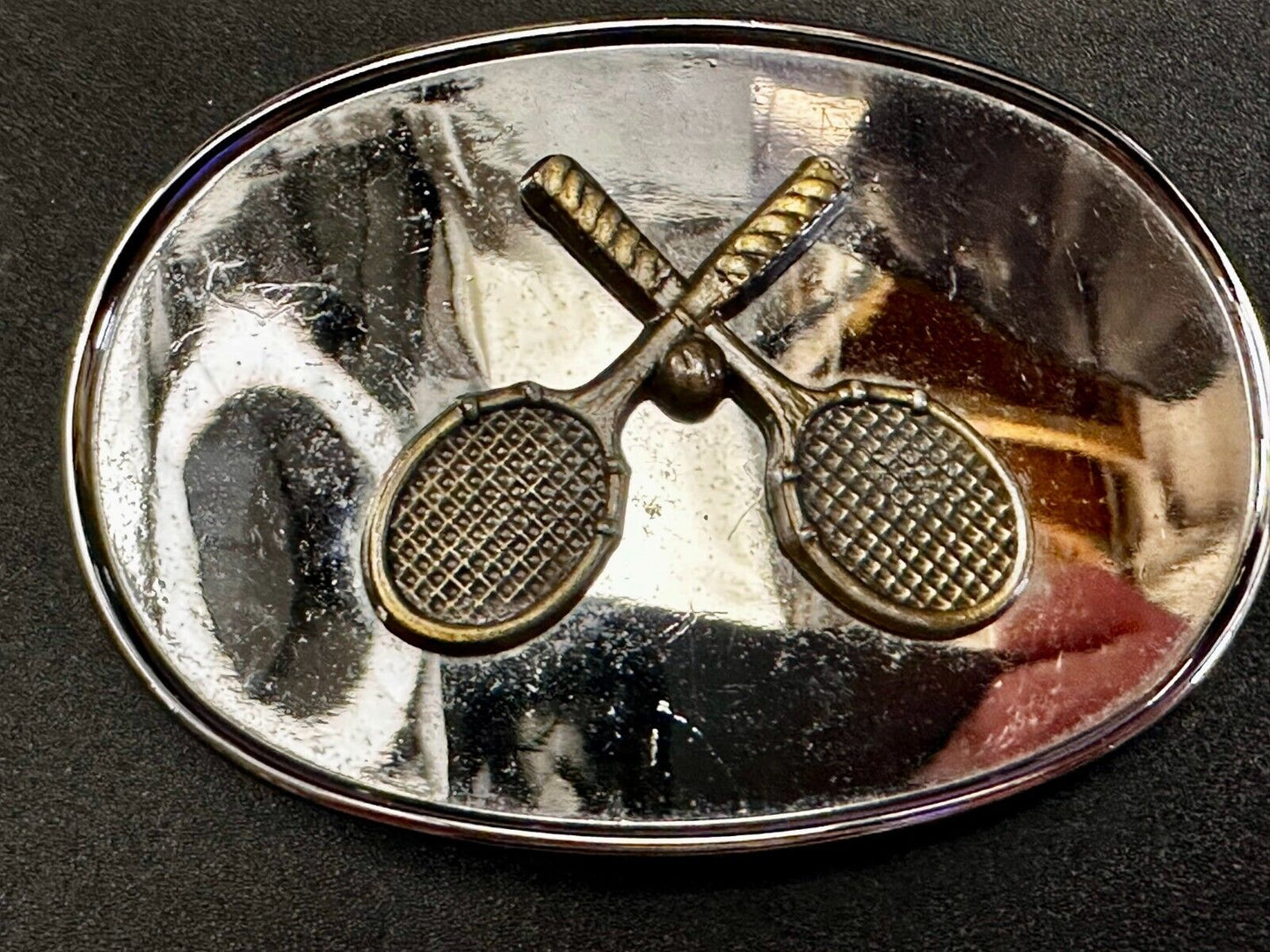 Tennis Racquet's Sports Fan's Vintage Two Tone Reflective Oval Belt Buckle