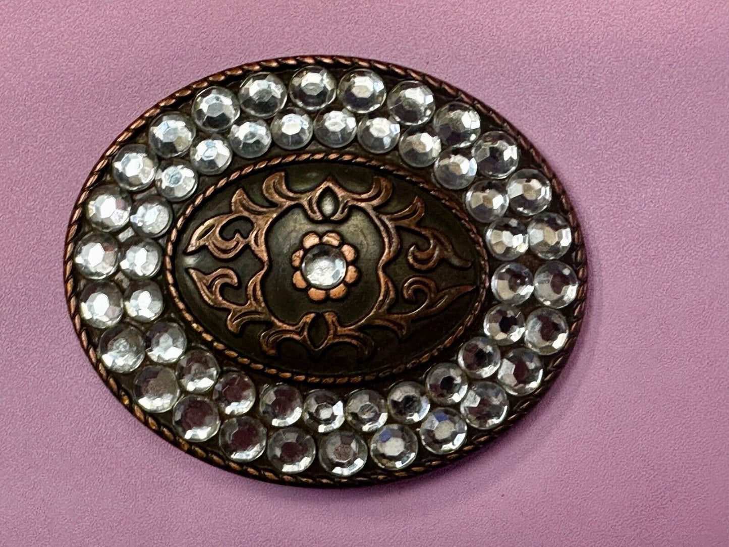 Vintage brown oval floral theme Belt Buckle with Rhinestone surround
