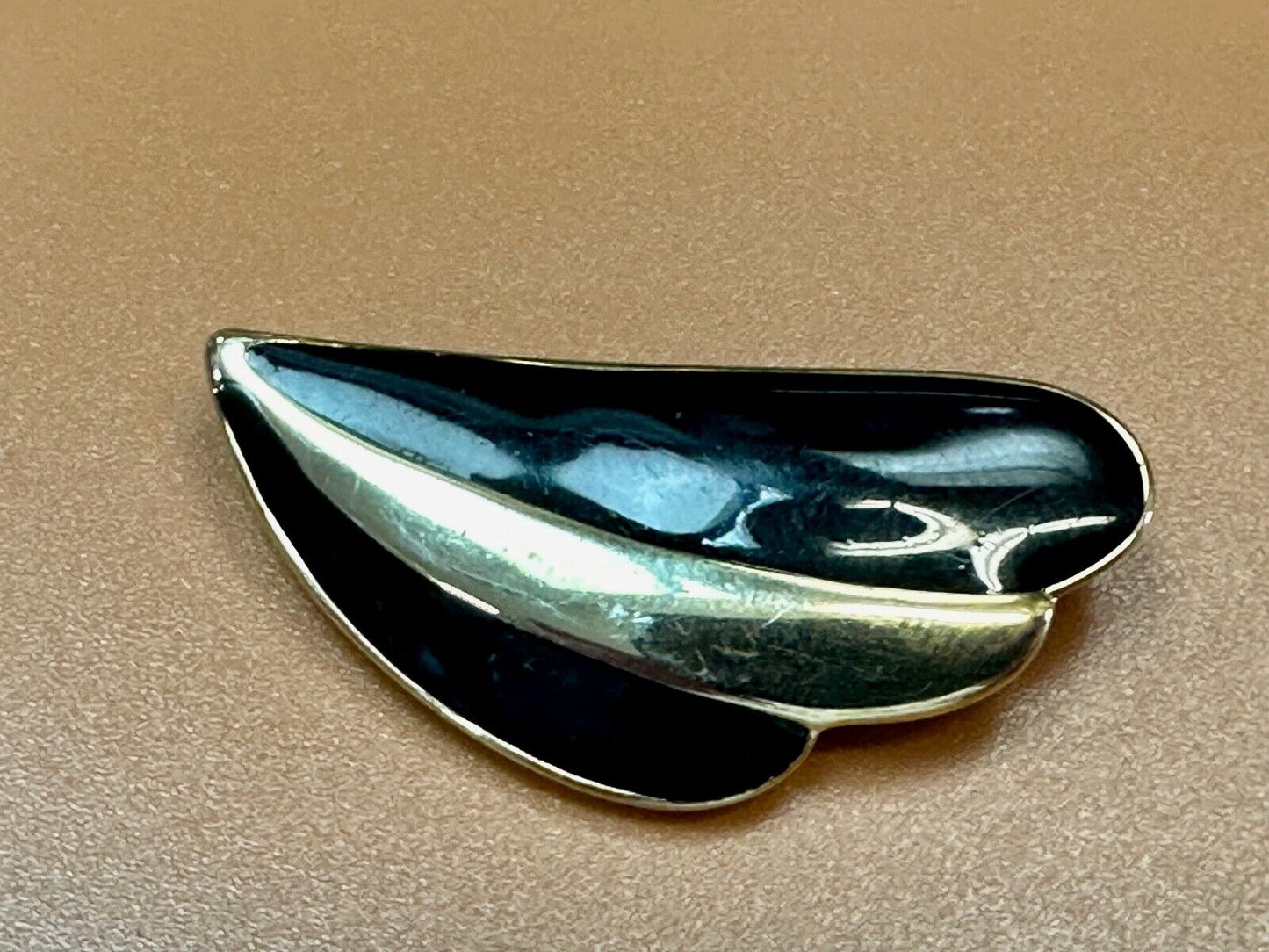 Abstract Leaf Shaped Black Enamel Gold tone brooch pin