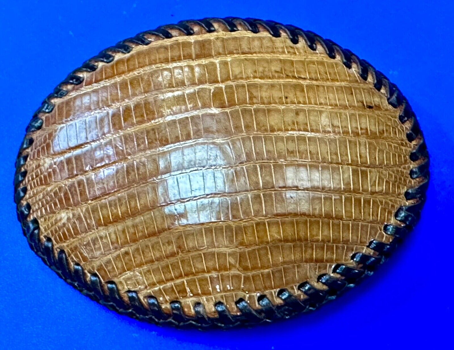 Beautiful lizard Skin brown leather vintage belt buckle with black stitching
