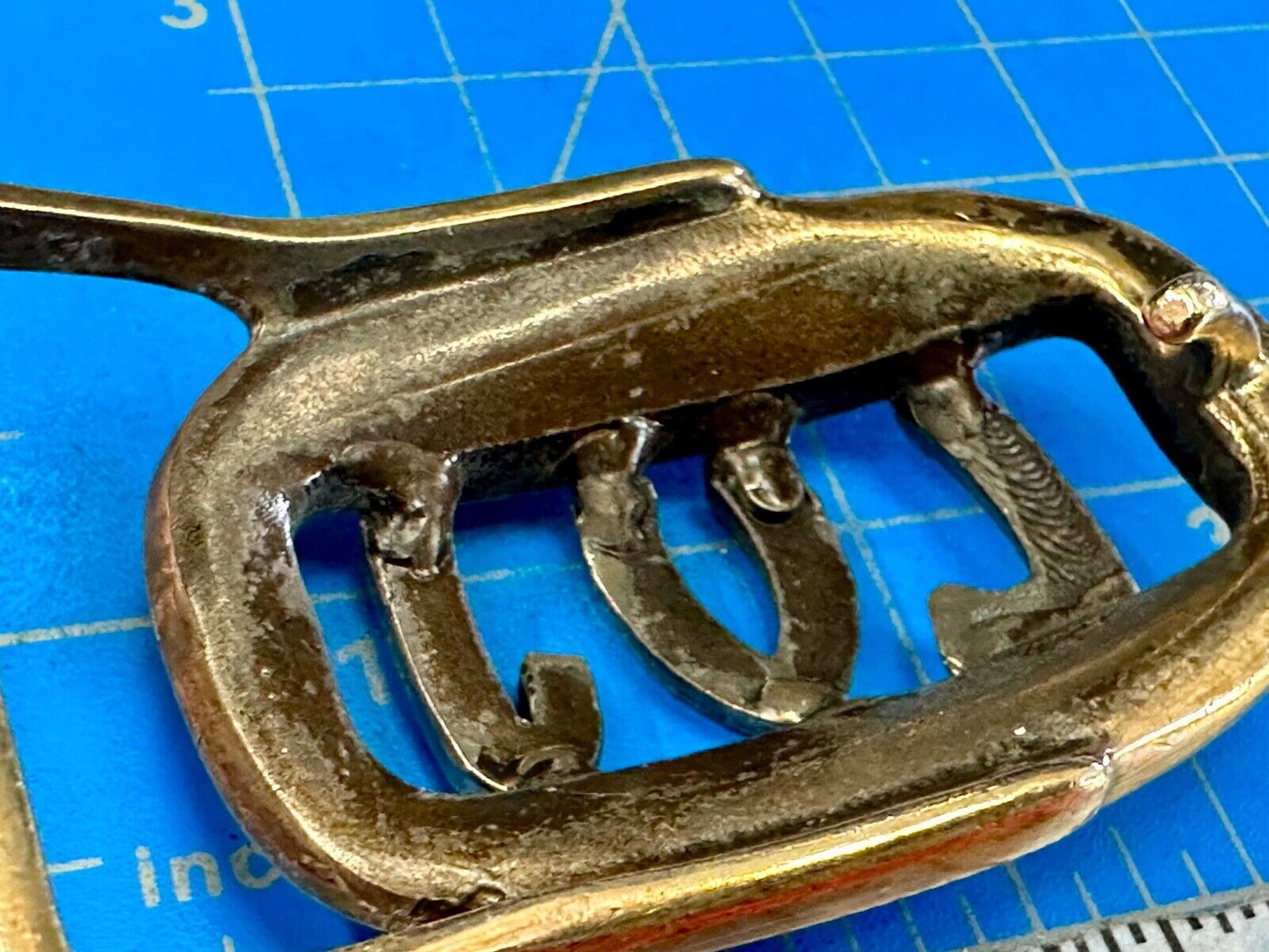Vintage LVJ LUJ gold tone block letters cutout belt buckle