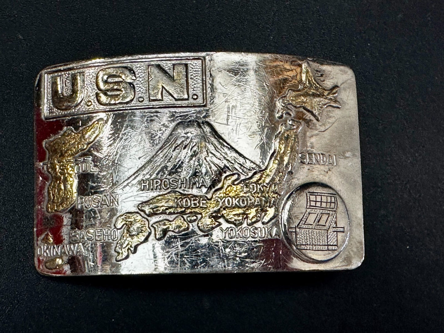 USN United State Navy Japan Korea Map Military Style Ratchet Belt Buckle