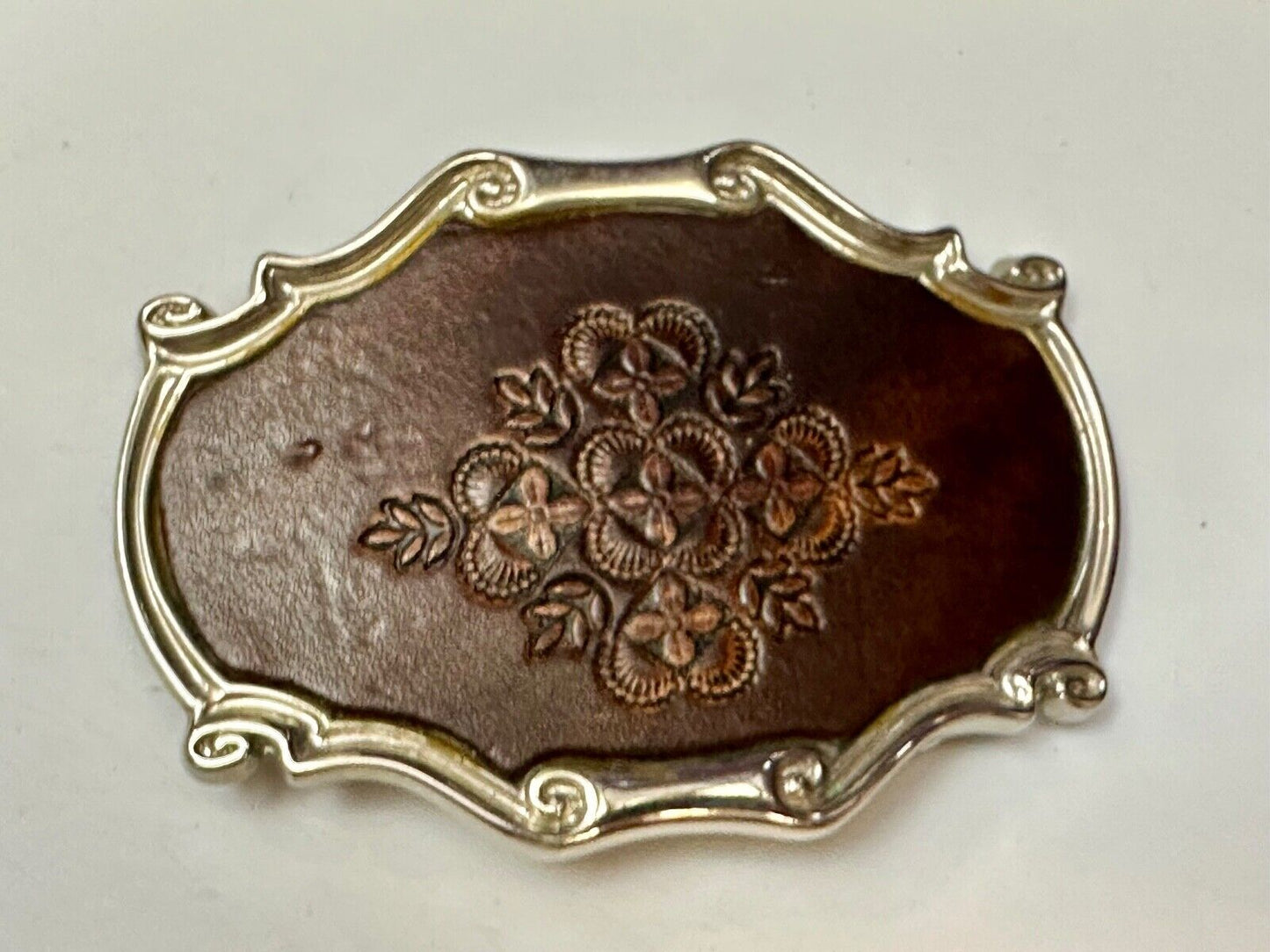 Vintage Brown leather flower pattern belt buckle made in Spain