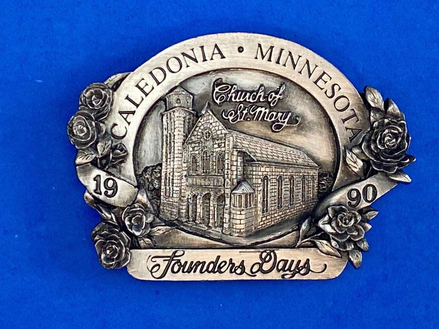 Vintage 1990 - Founder’s Days Caledonia MN belt buckle - Church of St Mary