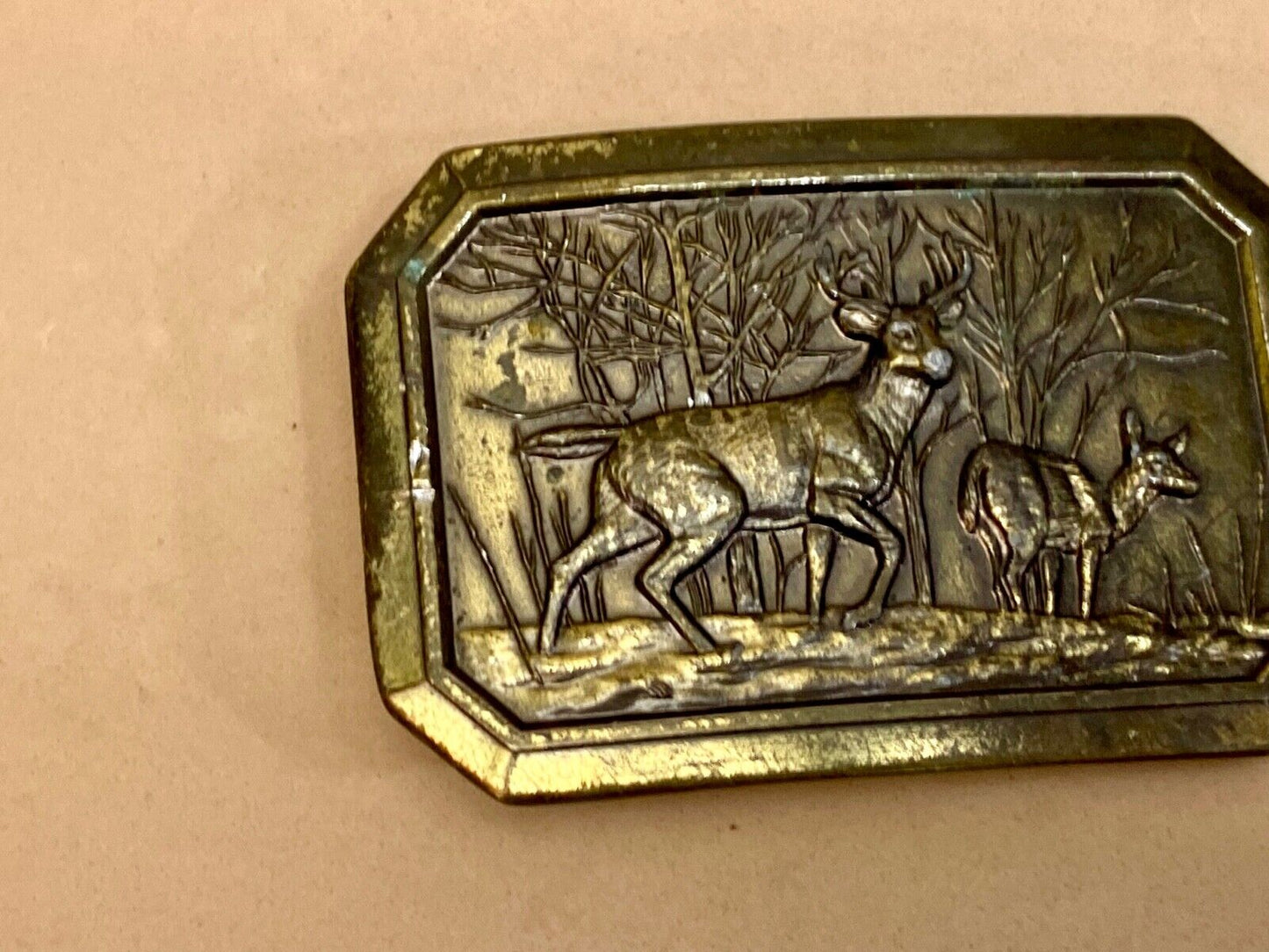Vintage 1976 Deer And Doe In Nature Western Framed Great American Belt Buckle