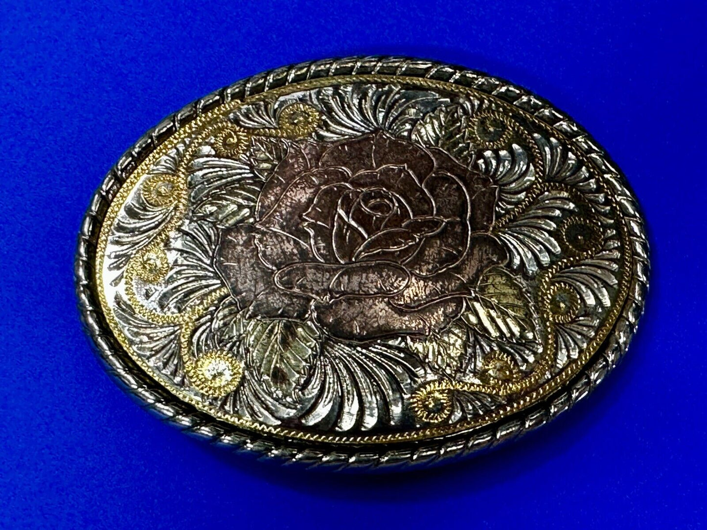 Beautiful Rose Flower Swirl Etched Design Mixed Metal Belt Buckle by W