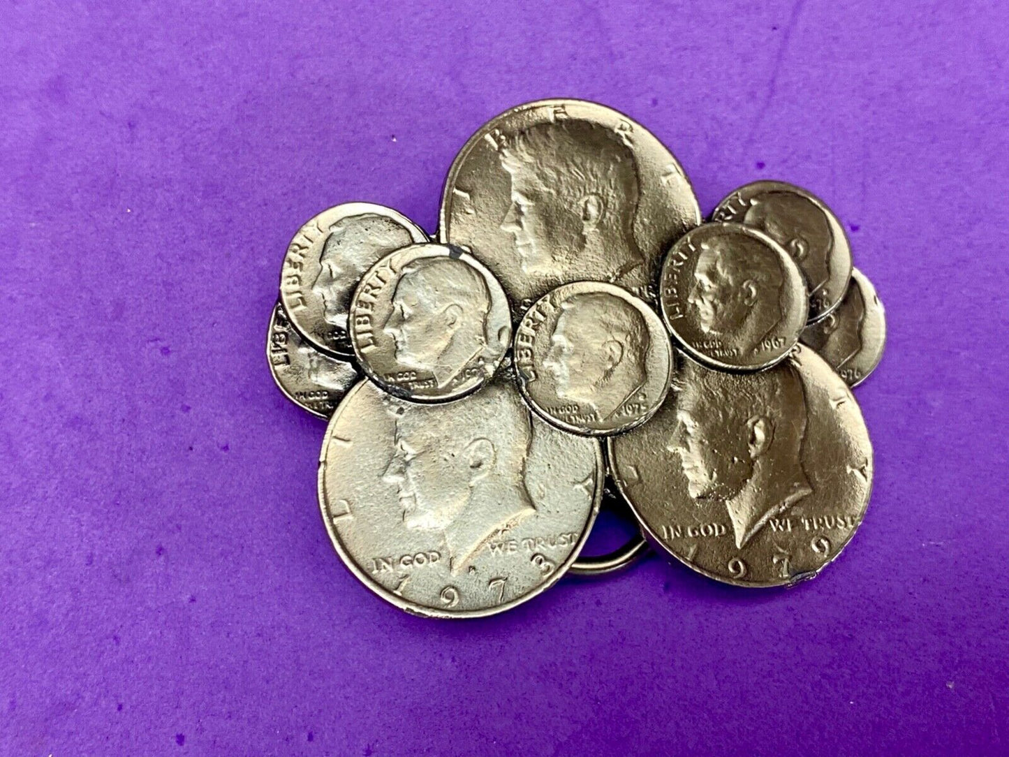 Vintage Coin Collectors Cluster figural 1979 Liberty JFK dimes belt buckle