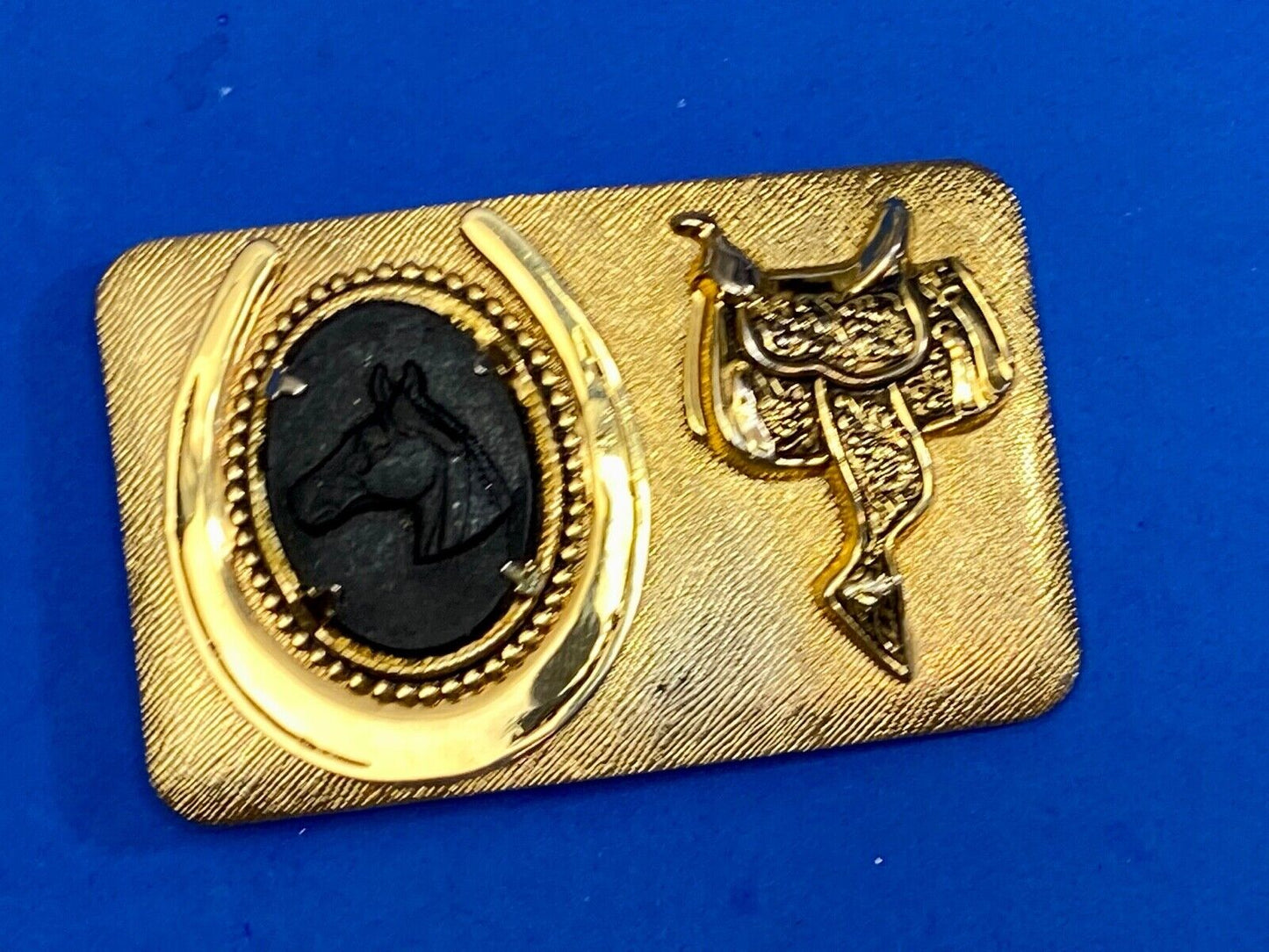 Black Horse Head And Saddle As Centerpiece In Western Gold Tone Belt Buckle