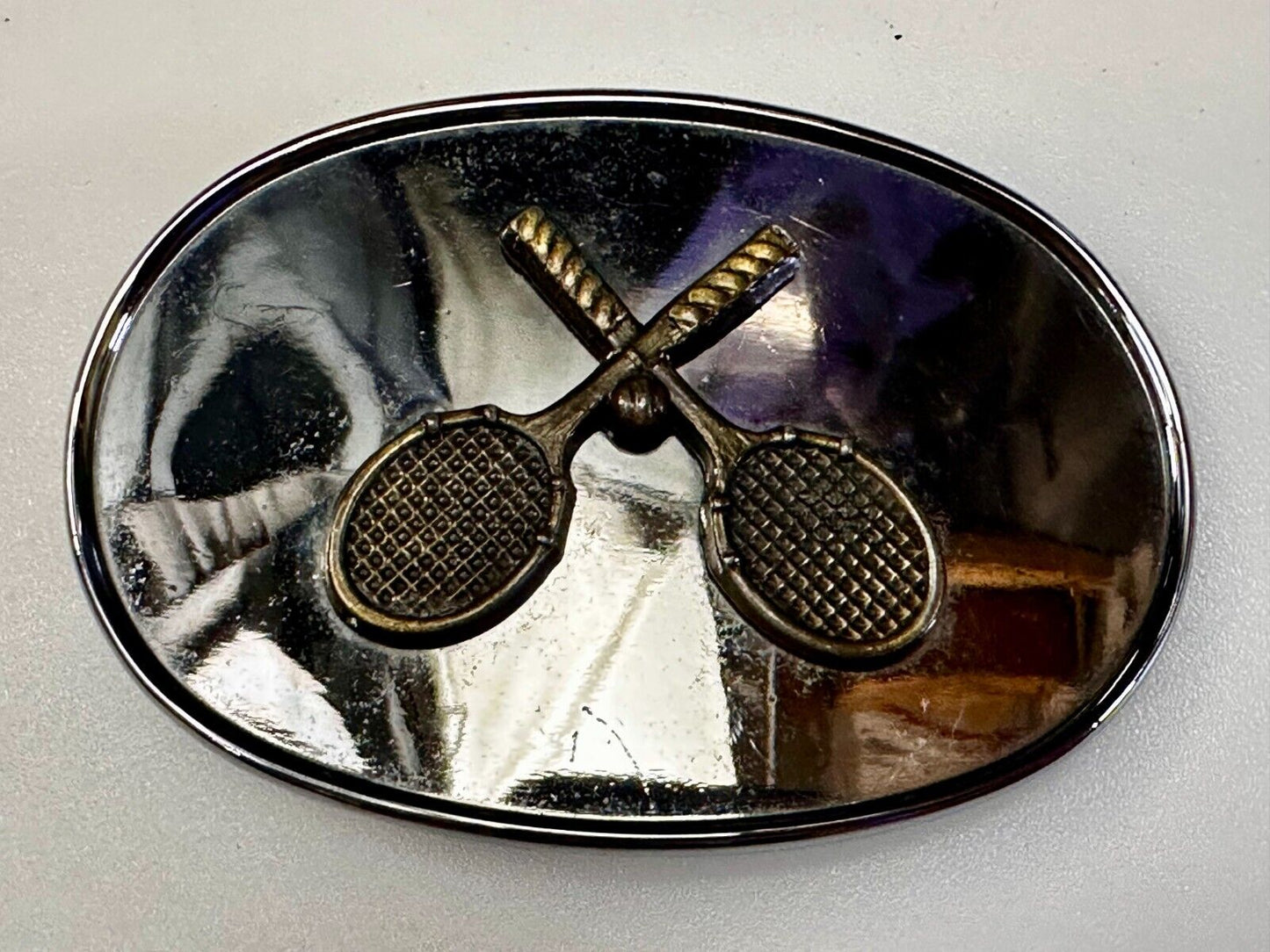 Tennis Racquet's Sports Fan's Vintage Two Tone Reflective Oval Belt Buckle