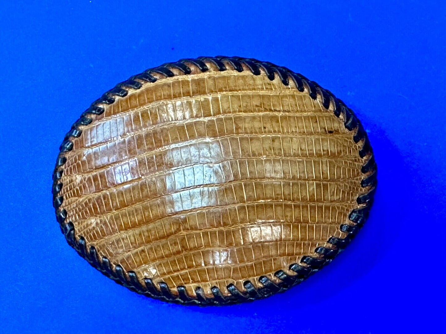 Beautiful lizard Skin brown leather vintage belt buckle with black stitching