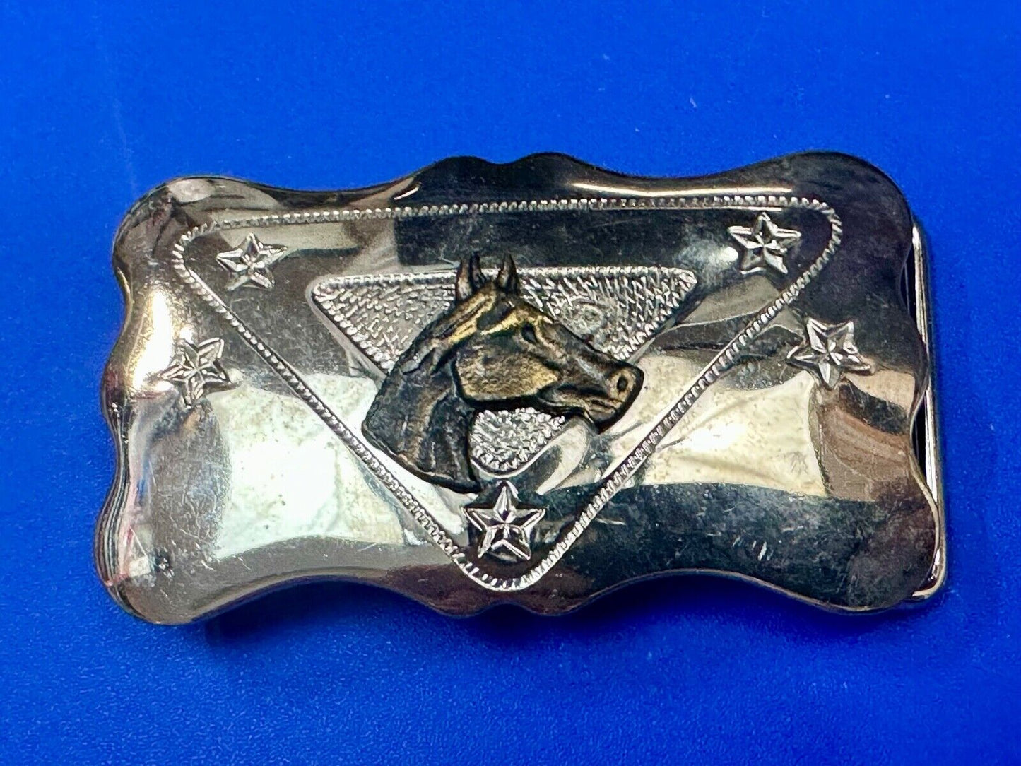 Vintage Chambers Horse head on reflective engraved USA made western Belt Buckle