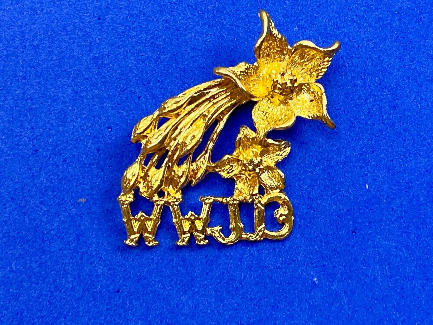 Vintage Brooch Pin WWJD What Would Jesus Do Flowers Gold Tone