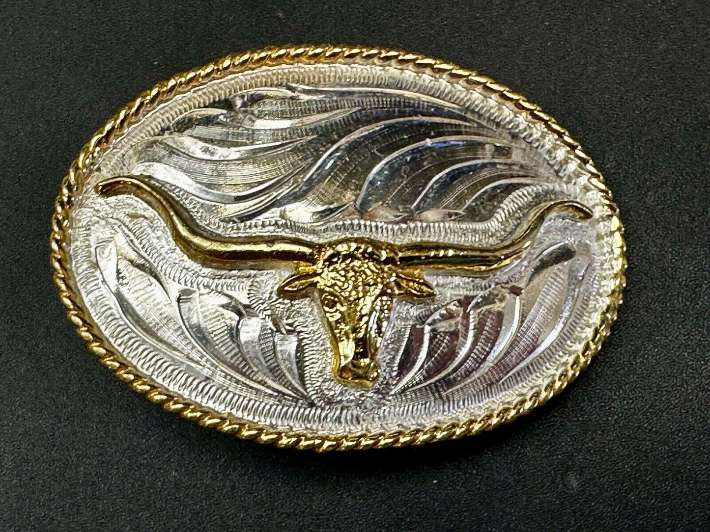 Beautiful Longhorn Western Cowboys Steer Vintage Two Tone Alpaca Mex Belt Buckle