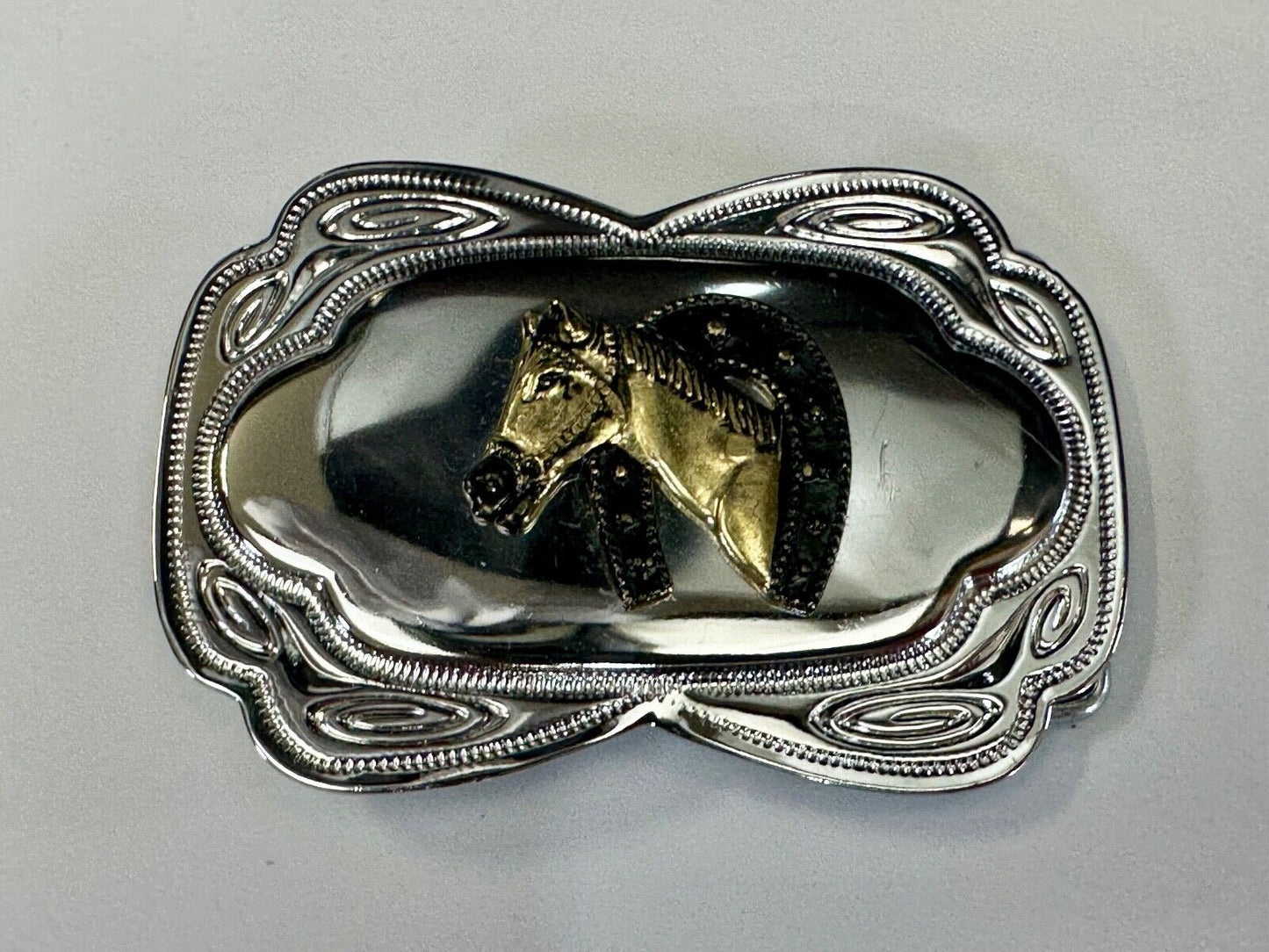 Beautiful NOS Horse head / lucky horseshoe - two tone reflective belt buckle