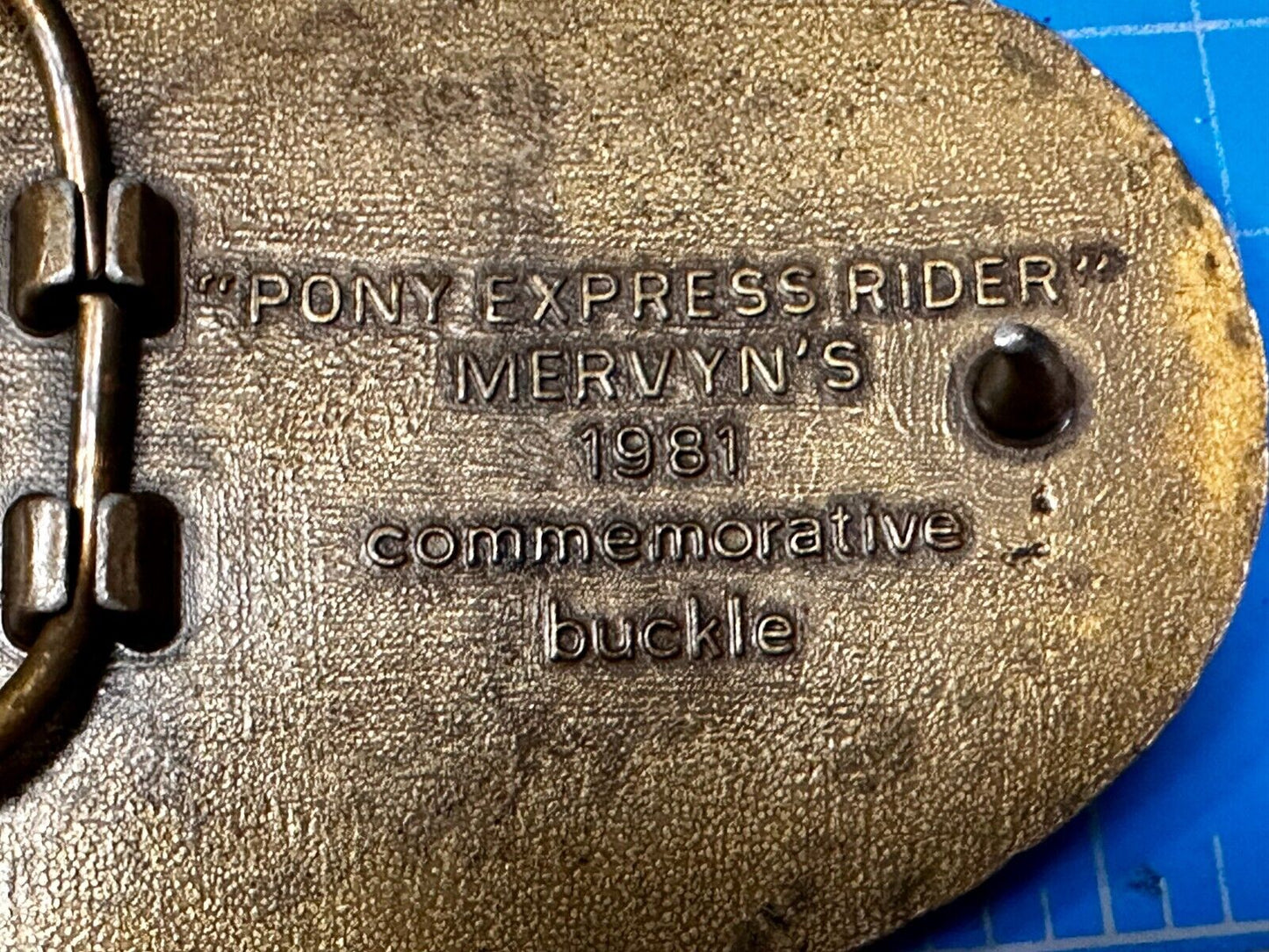Vintage 1981 Pony Express Rider Mervyn's Commemorative Brass Tone Belt Buckle