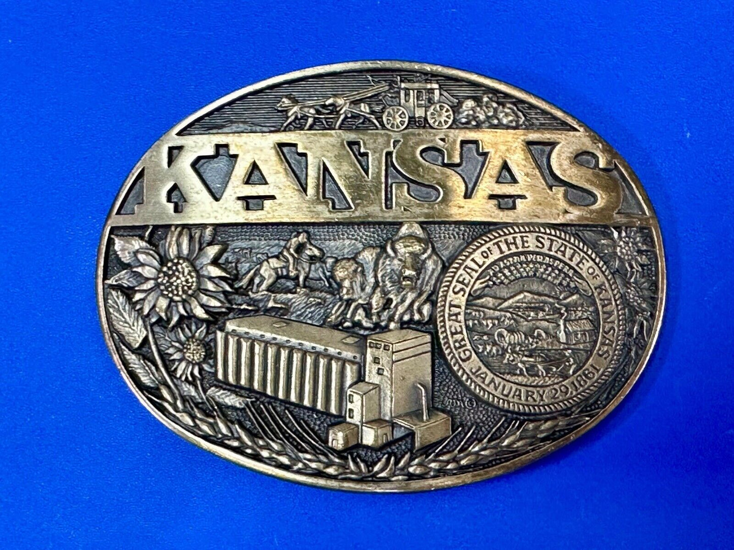 The Great State of Kansas Vintage Solid Brass ADM Belt Buckle