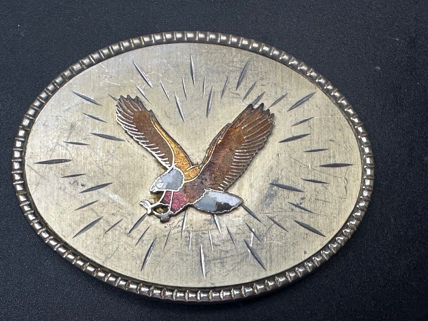 Vintage EAGLE flying High western etched Burst Pattern belt buckle Marked Taiwan