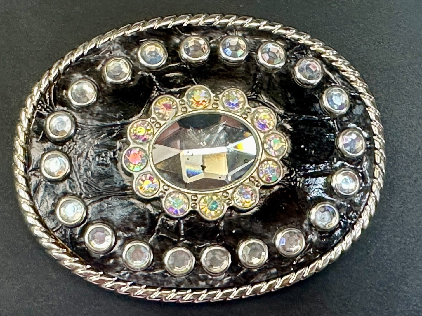 Beautiful Clear Rhinestone Bling Leather on Metal Vintage Belt Buckle