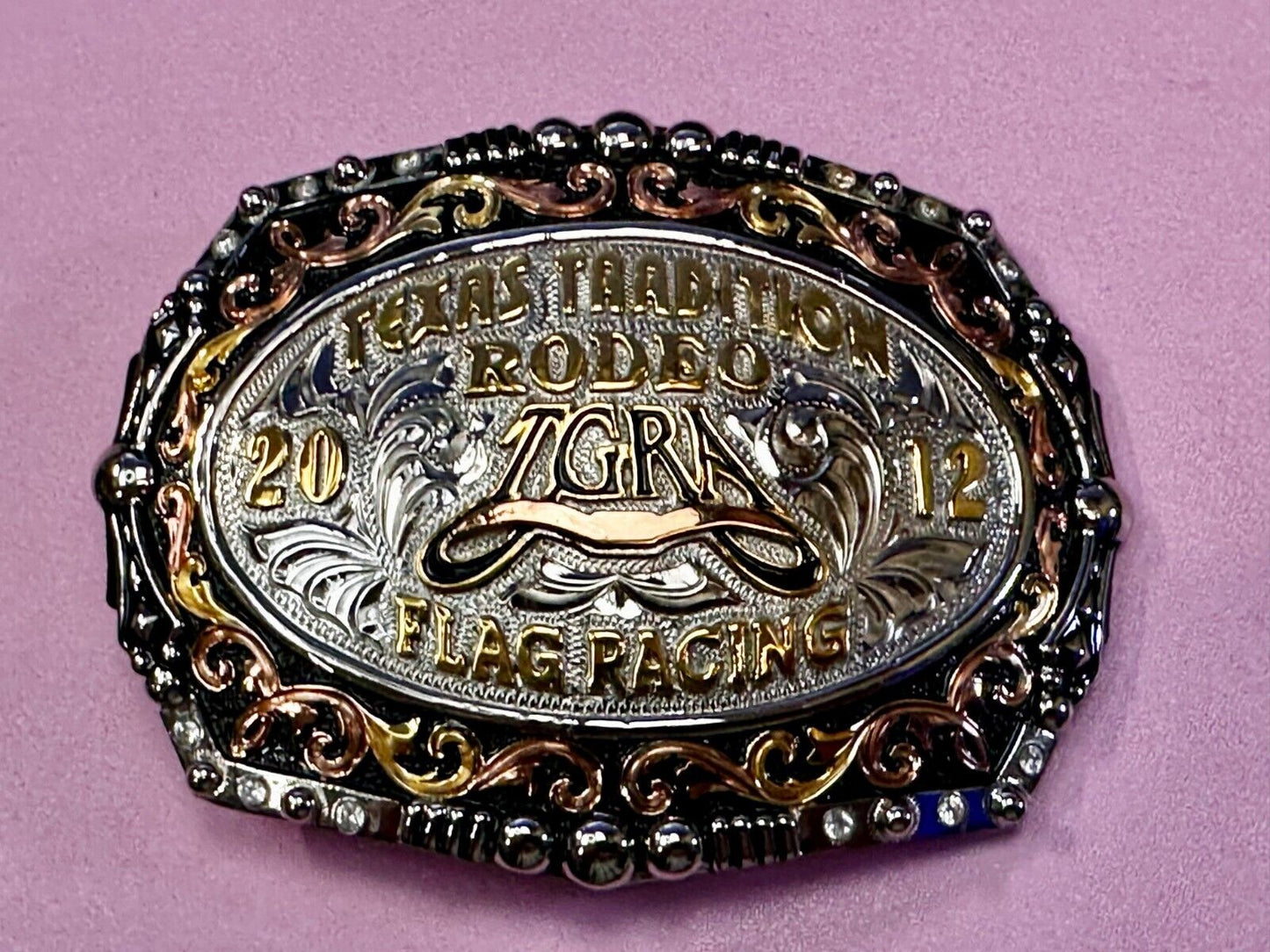 TGRA Texas Tradition Rodeo Flag Racing 2012 Trophy Award Belt Buckle Lone Star