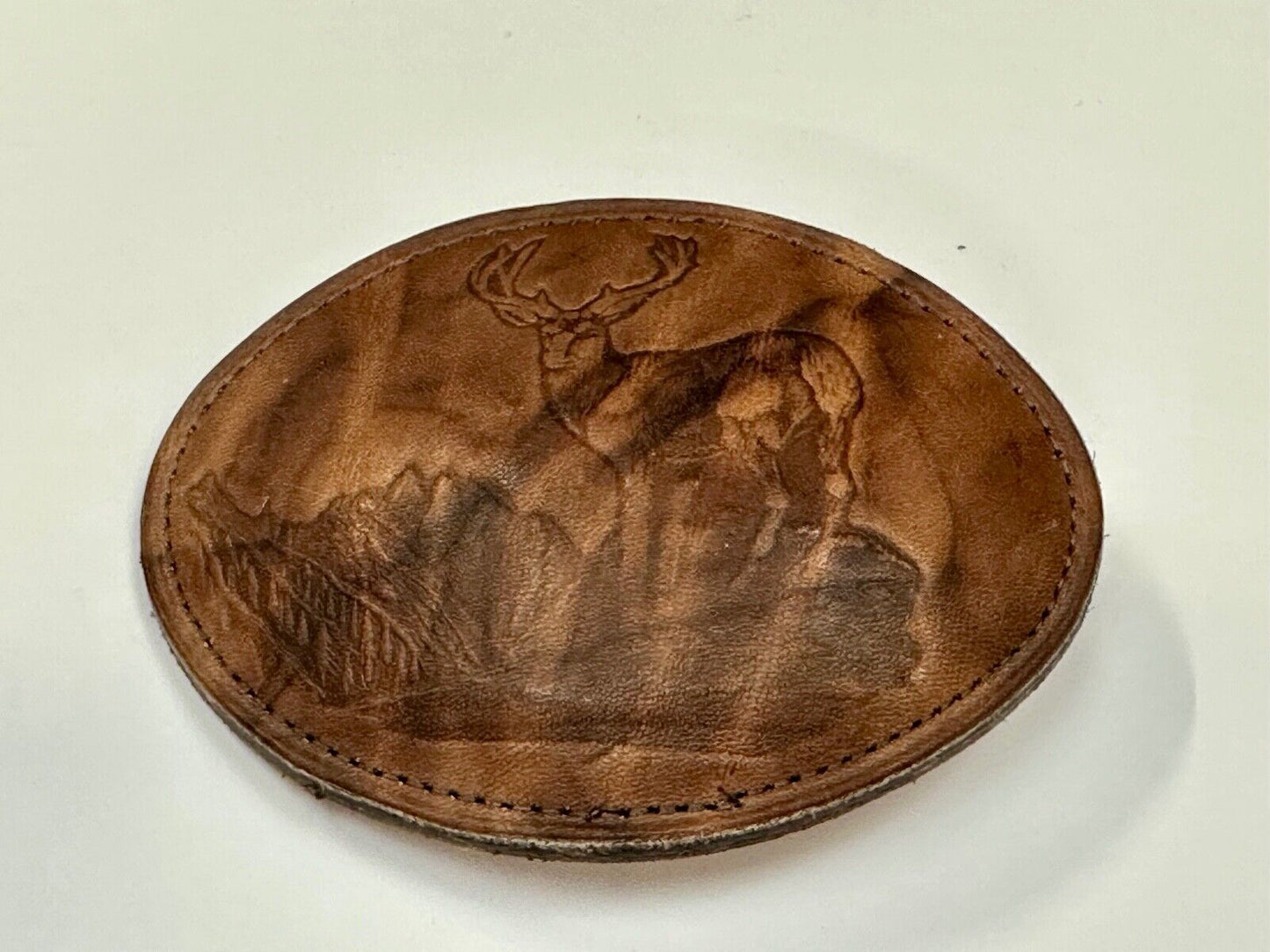 Vintage DEER in Nature, Hunters Leather oval LARGE belt buckle