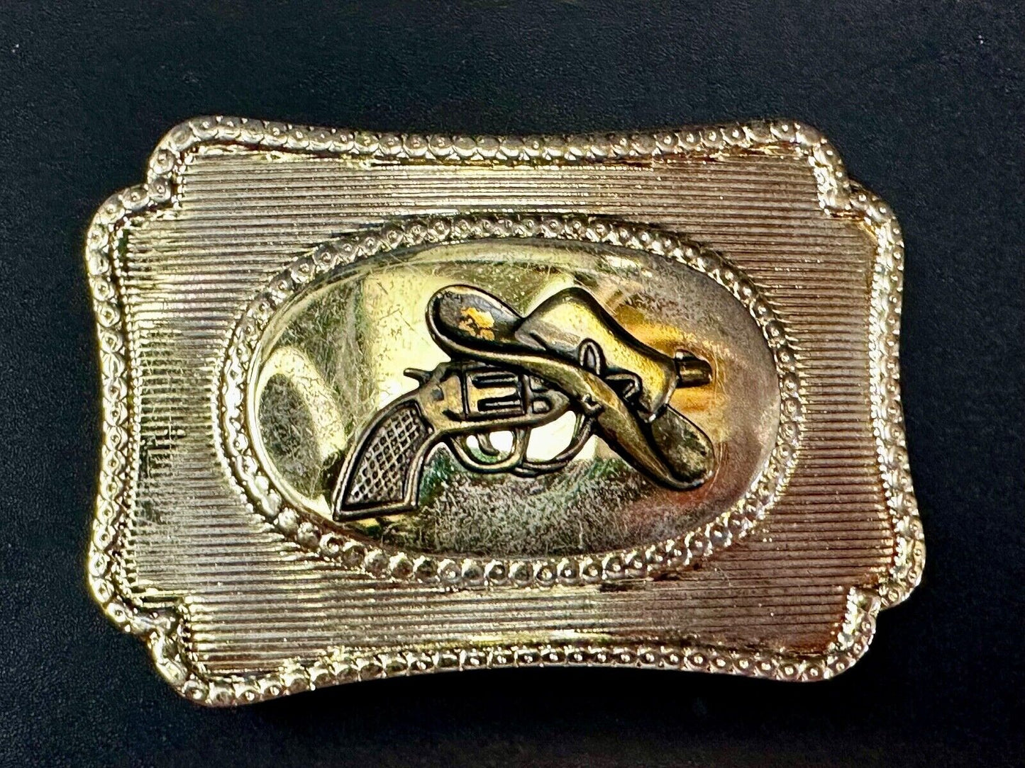 Vintage Cowboy Hat & Revolver Pistol Western Belt Buckle 6 Shooter Gun Buckle