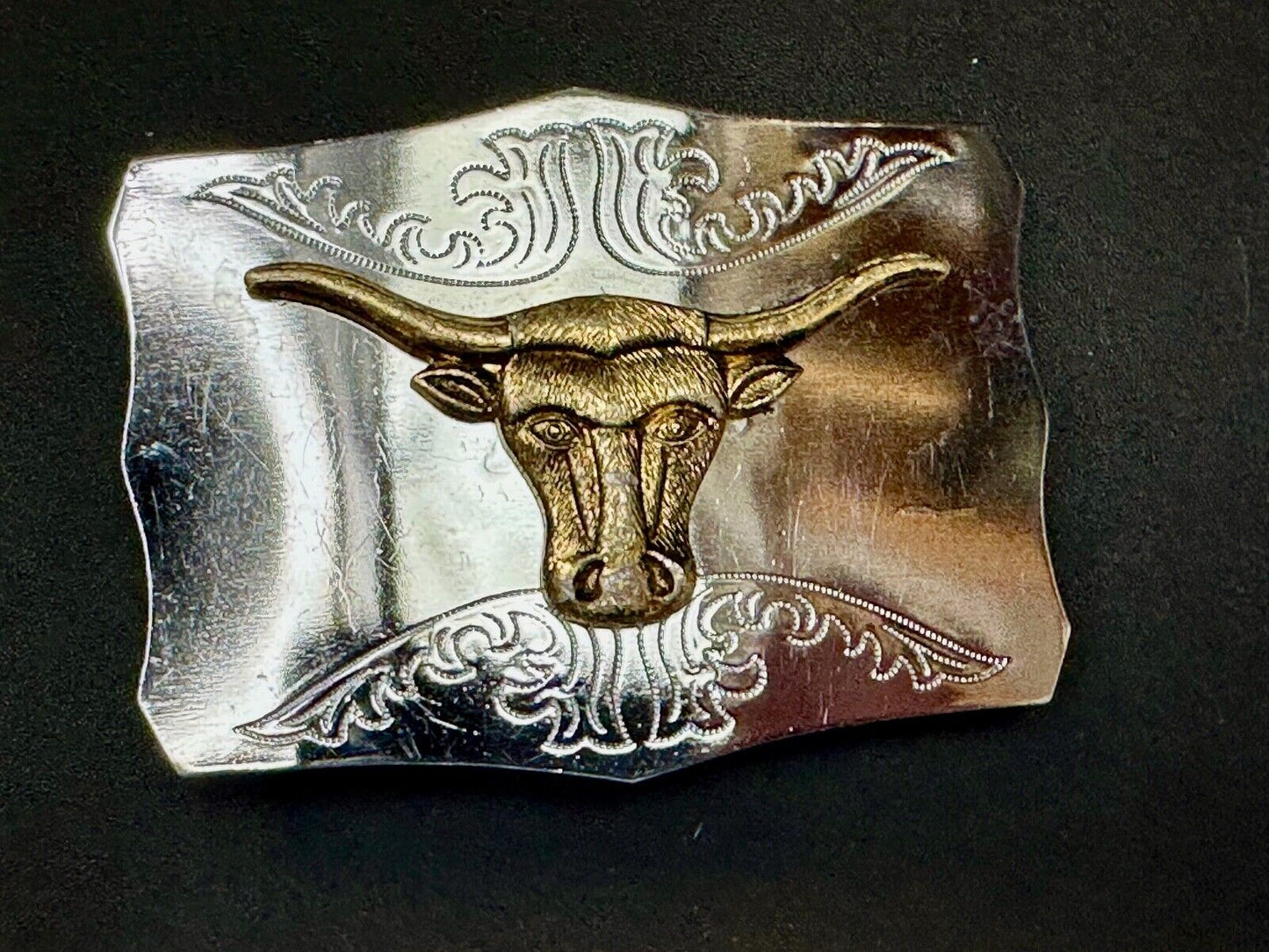 Two tone Raised Longhorn Cow Steer on Vintage Belt Buckle made in Japan