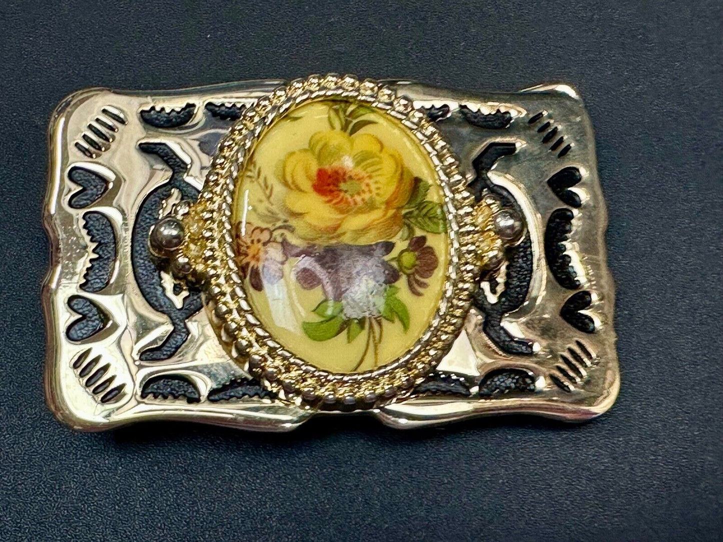 Art Flower Picture Cabochon Cab Centerpiece on gold tone Western Belt Buckle