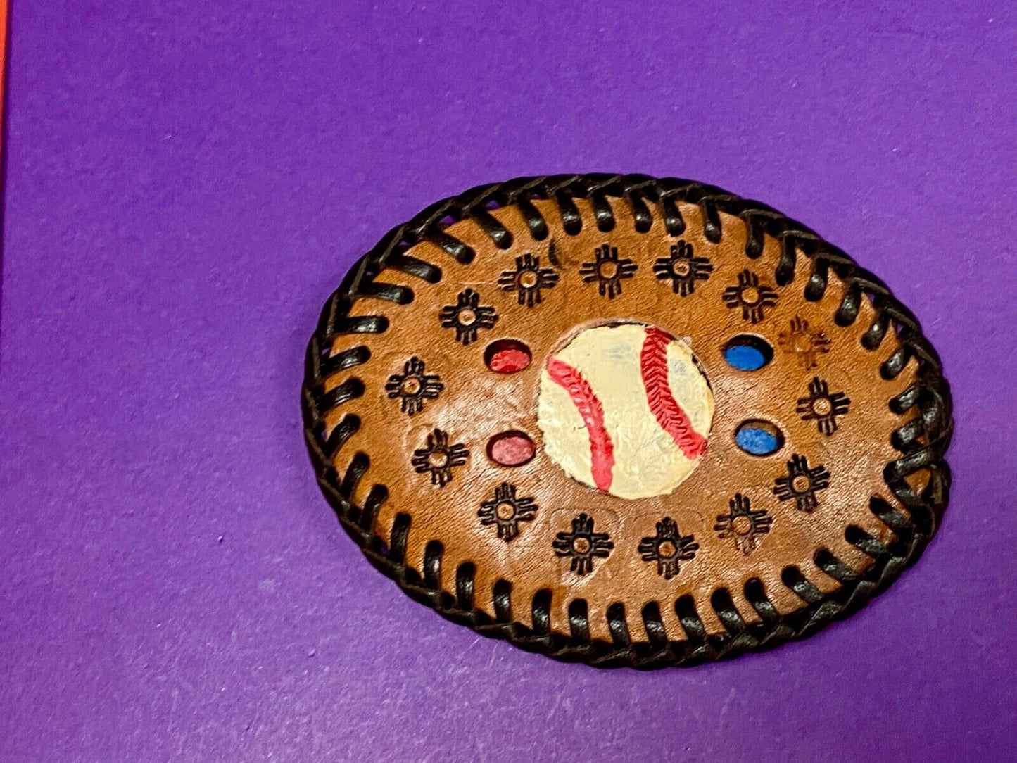 Vintage Baseball Brown Leather Hand Stitched Oval Belt Buckle - Ultimate Fan