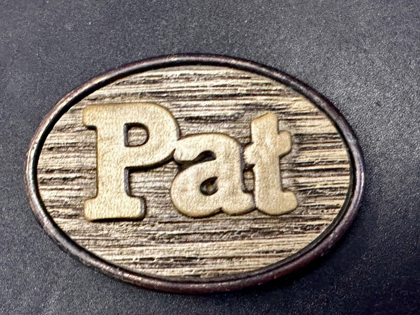 1970s PAT Name - Custom Wood Grain Metal Oden USA Personalized Belt Buckle