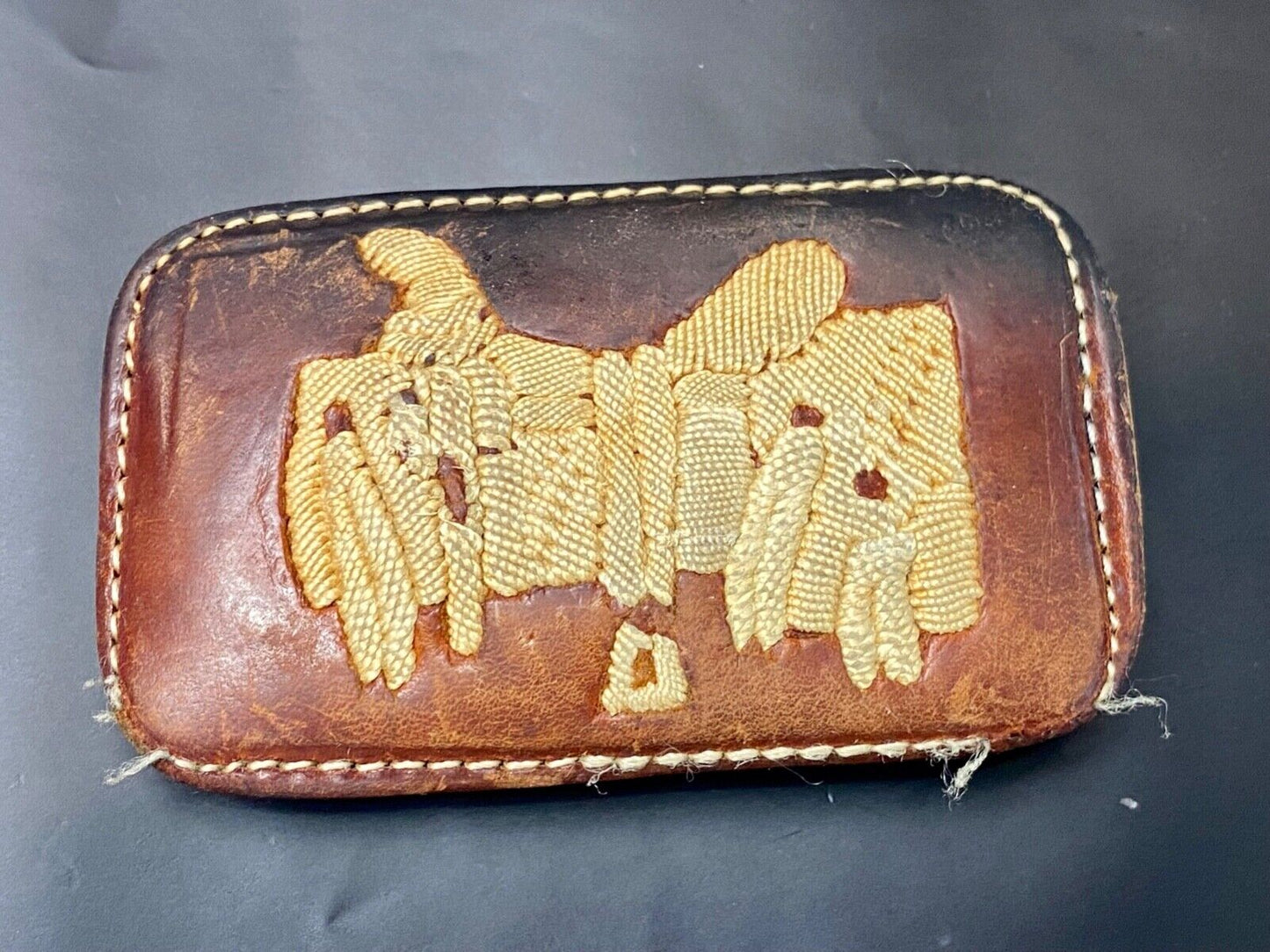 Vintage leather stitched horse saddler belt buckle signed Tres Ranchitas