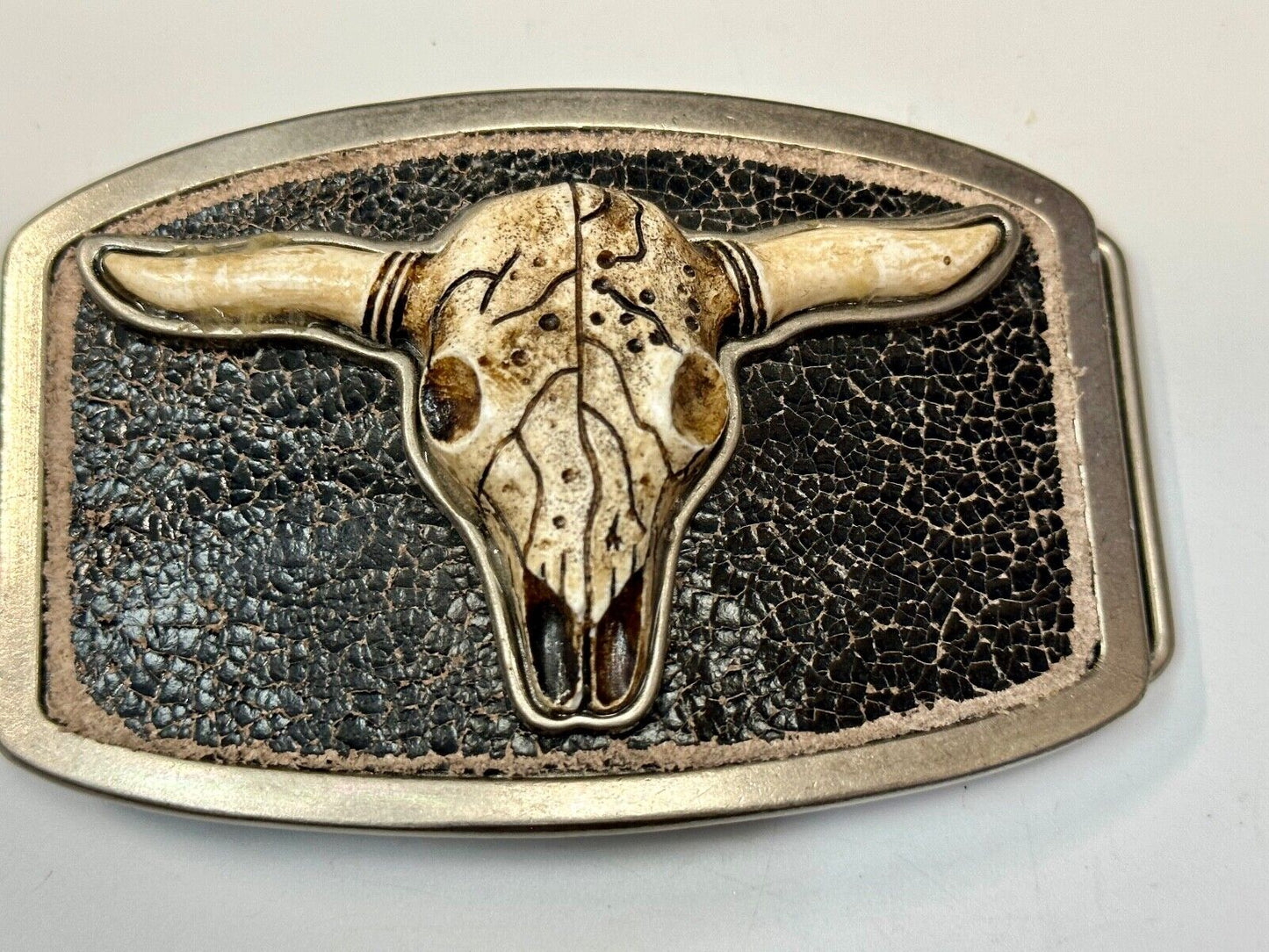 Texas Longhorn Silver tone Faux Leather backing Belt Buckle by Classico Itallio