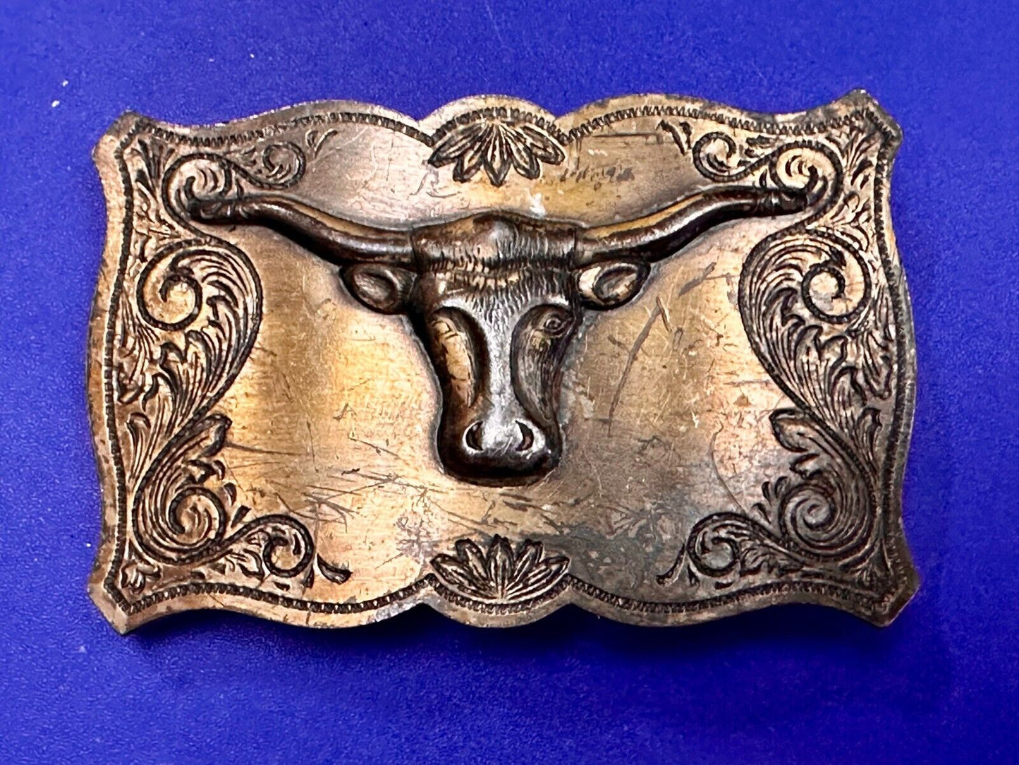 Texas Longhorn Steer Bull Cow Ornate Raised Dimensional Stamped Belt Buckle