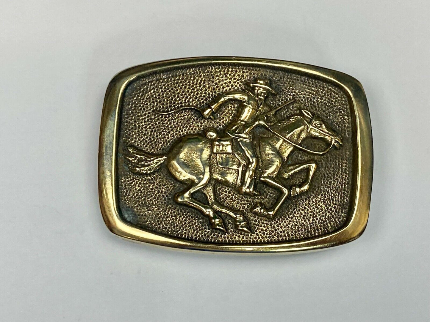 Vintage 1978 Horseback Rider Cowboy Bank Robber Solid Brass Belt Buckle By BTS
