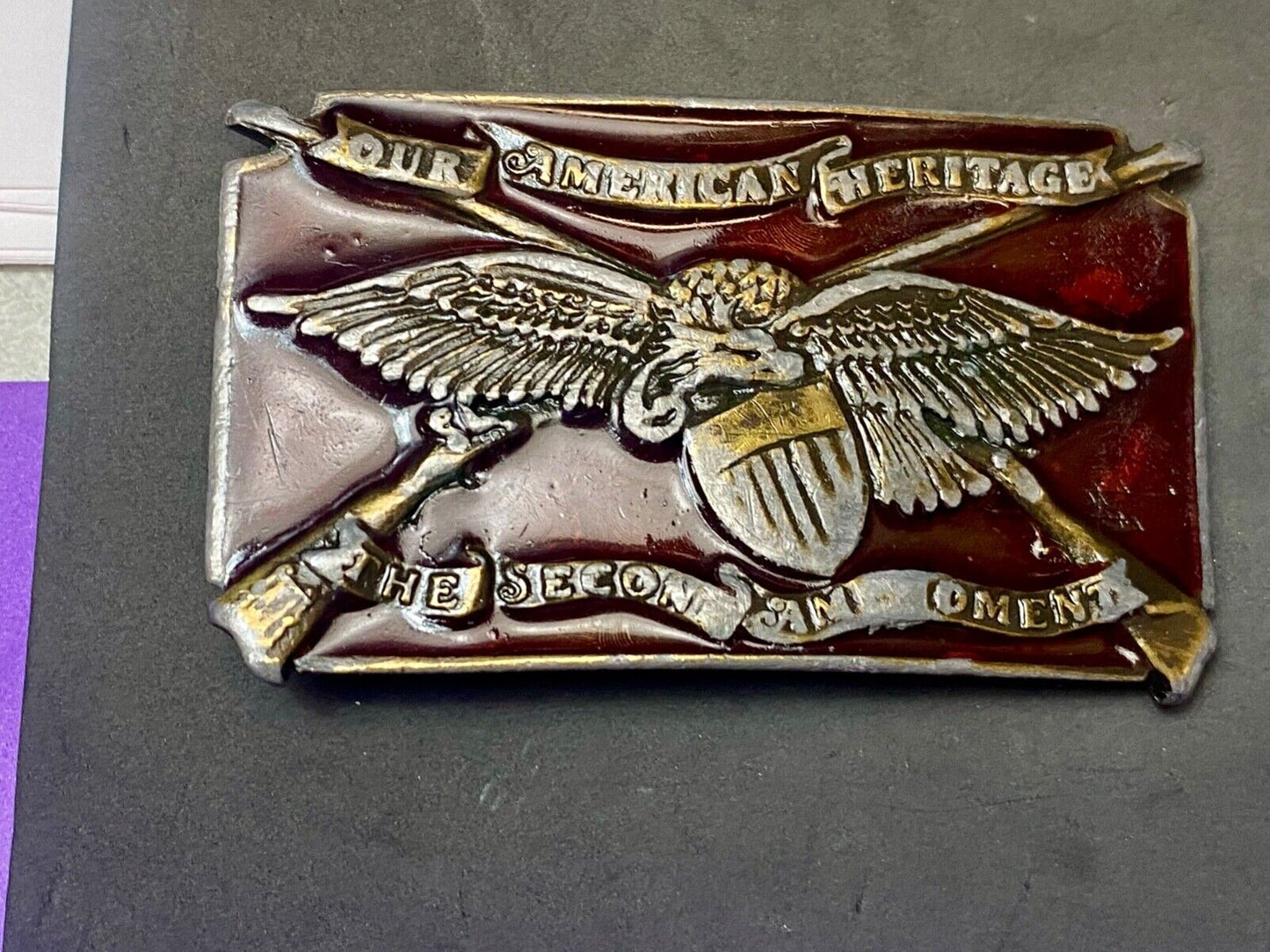 The Second Amendment Our American Heritage Bergamot 1976 gun rights belt buckle