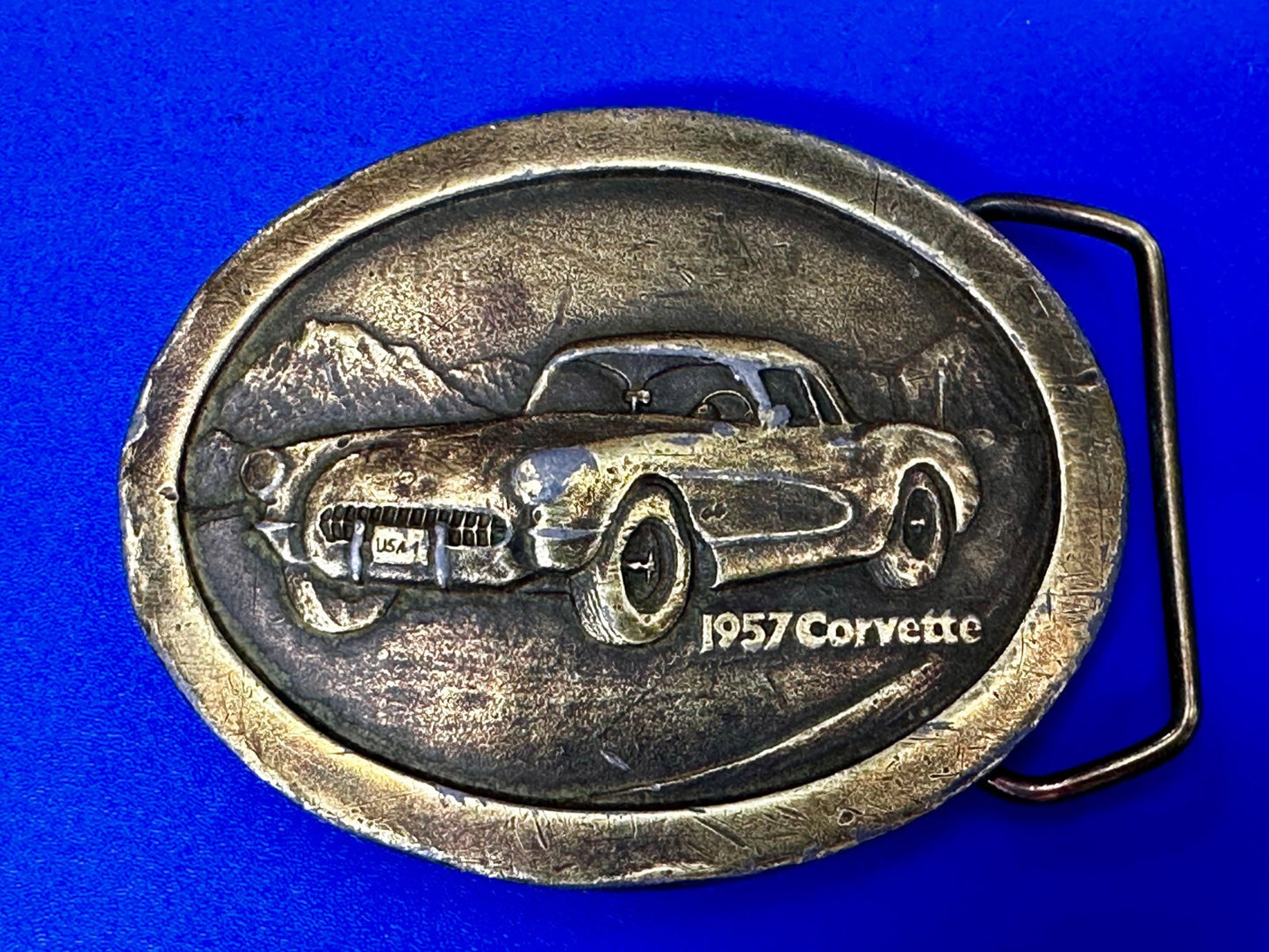 1957 Corvette Chevy Car Collector Brass Tone Indiana Metal Craft Belt Buckle