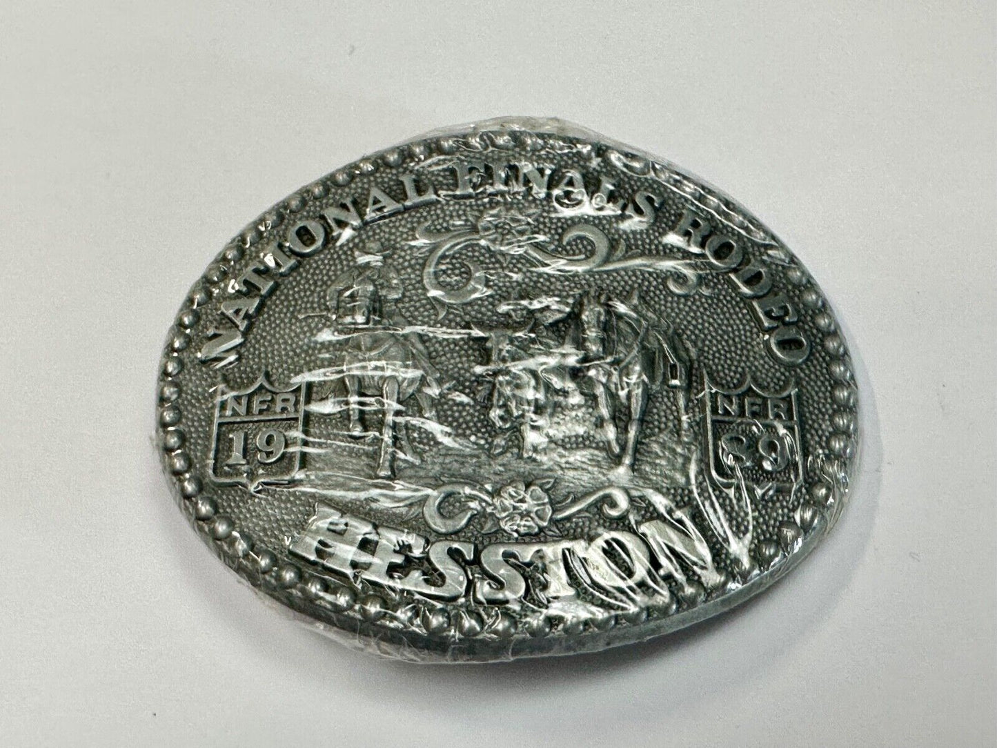 1989 Adult Size Hesston National Finals Rodeo Bull Riding Cowboys belt buckle