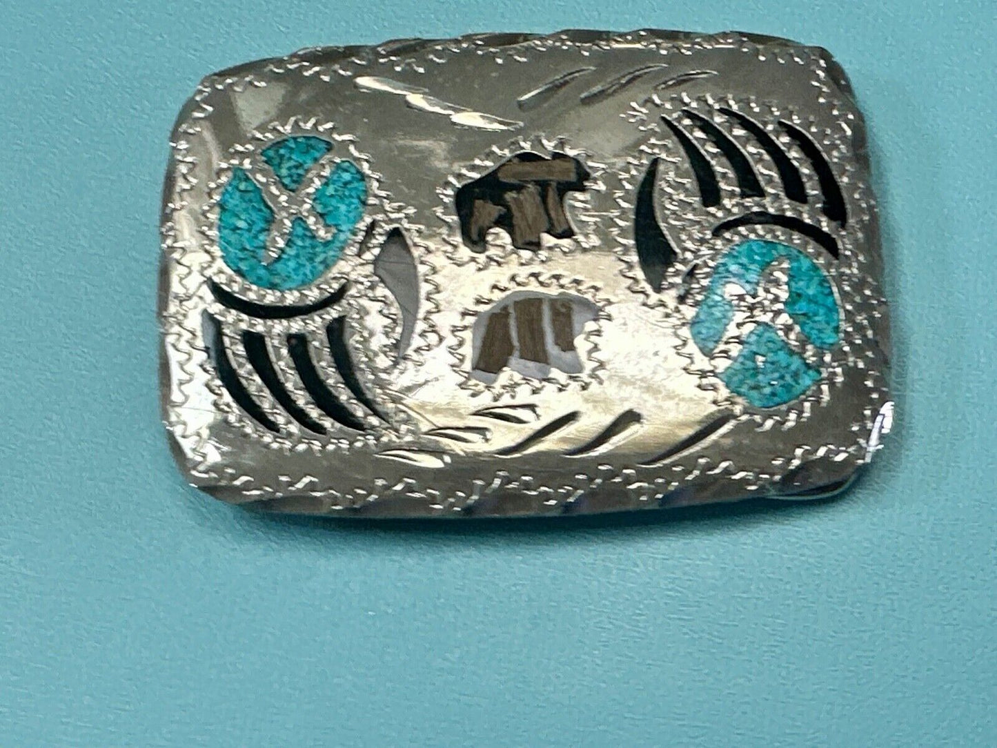 Bear - Paw Figure vintage inlaid turquoise chip & black Enamel belt buckle