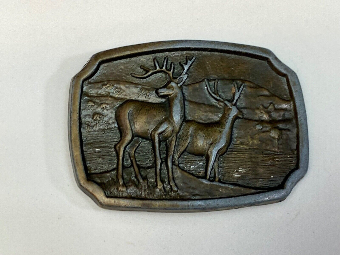 Vintage Deer And Doe In Nature Brass Tone Belt Buckle -- Perfect Hunters Gift!