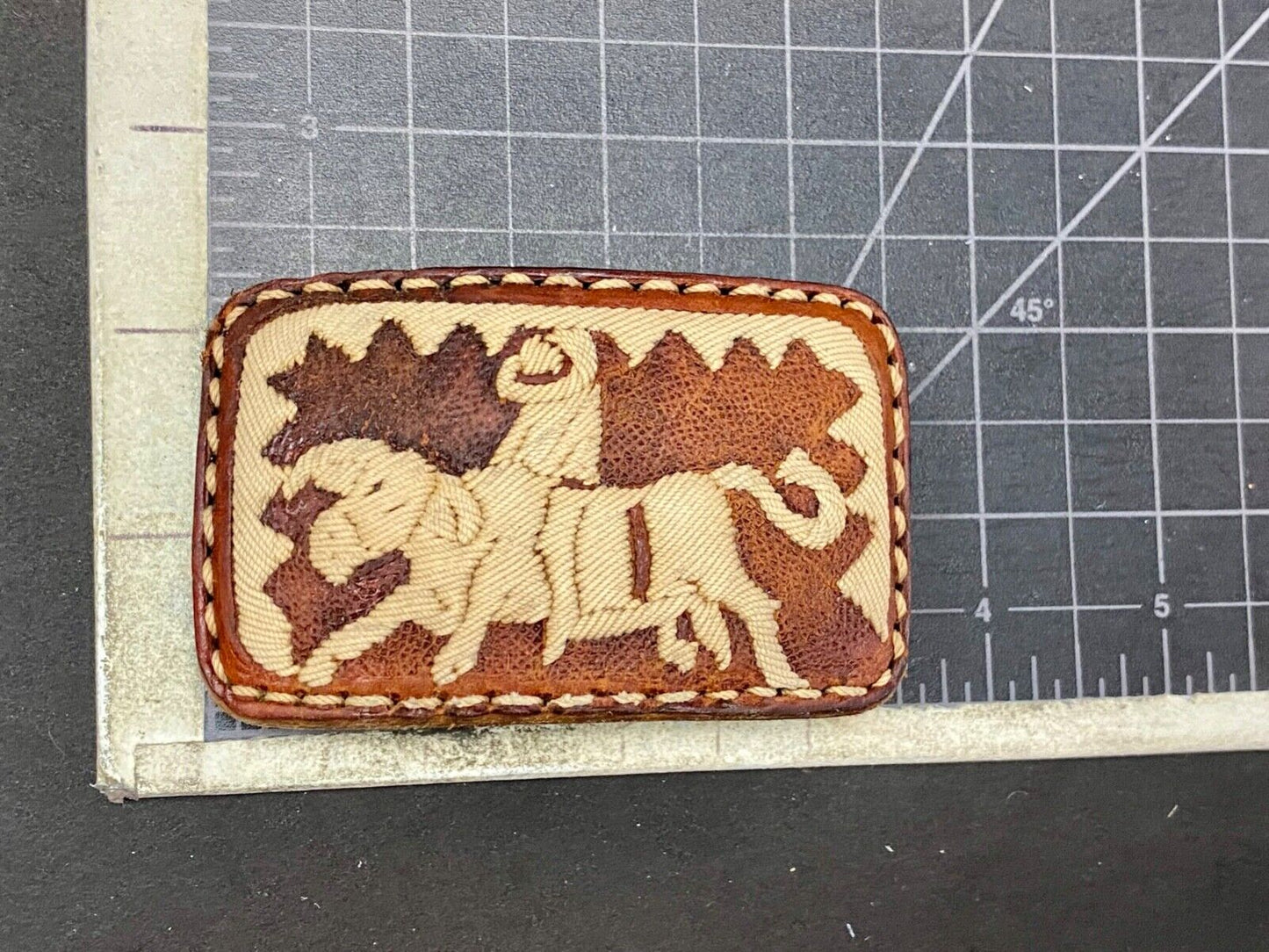 Vintage Fabric Stitched Belt Buckle Rodeo Cowboy On Wild Bull