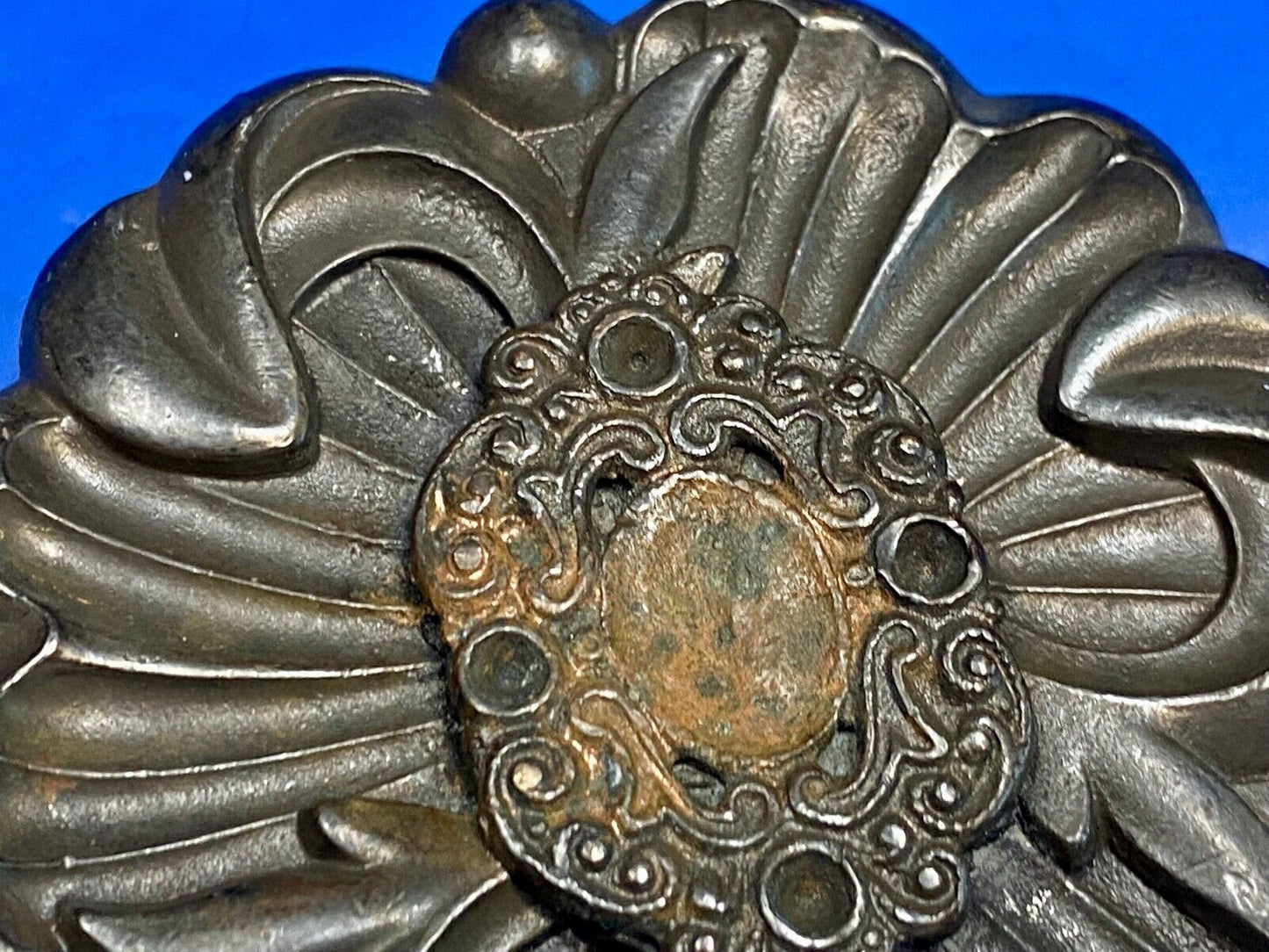 Vintage Antique? Black Flower belt buckle marked BF. - missing stones