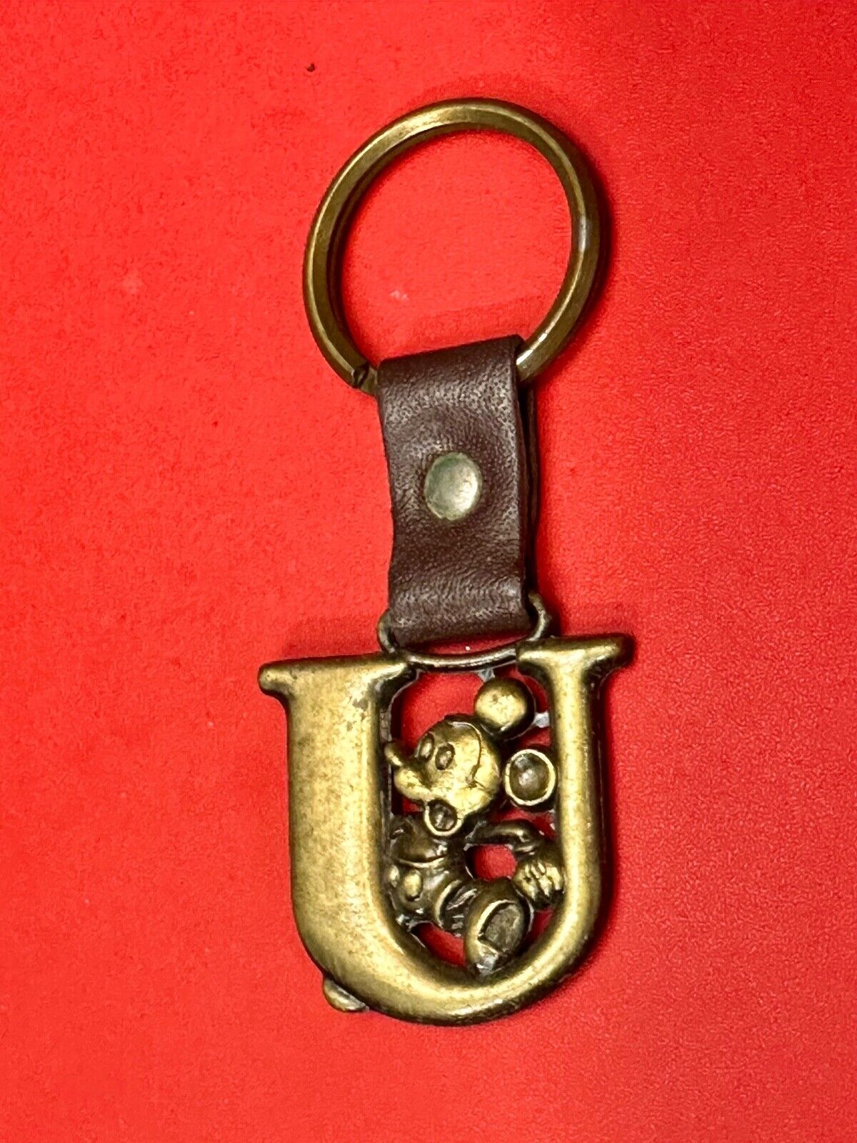 VINTAGE LETTER INITIAL U MICKEY MOUSE DISNEY KEYCHAIN BRASS and LEATHER FOB