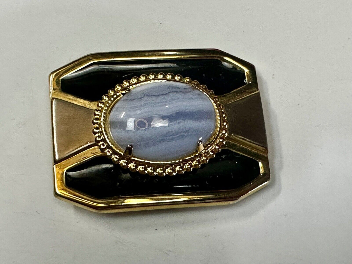Vintage Blue Lace Agate Cabochon Cab Stone Centerpiece on Western Belt Buckle